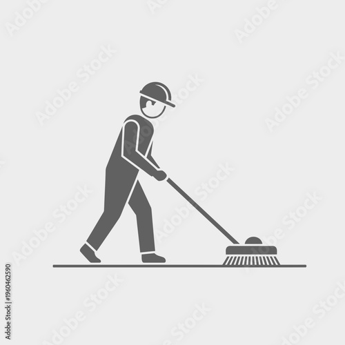 Worker Sweeping Floor With Broom Stick Simple Icon Design