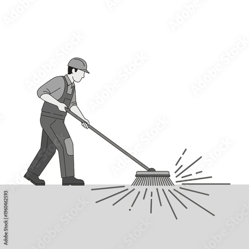 Worker Sweeping Away Debris For Cleanliness And Maintenance Task