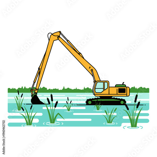 Yellow Excavator Digging Swamp Wetland Construction Machinery Operation