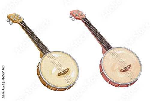 Watercolor banjo isolated on white background