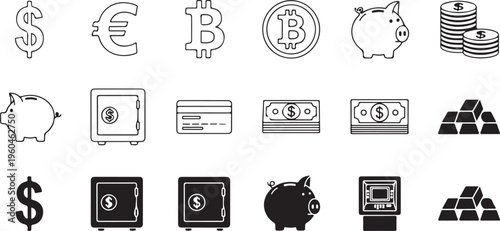 Financial icons, money symbols, cryptocurrency signs, banking illustrations, 20 assets
