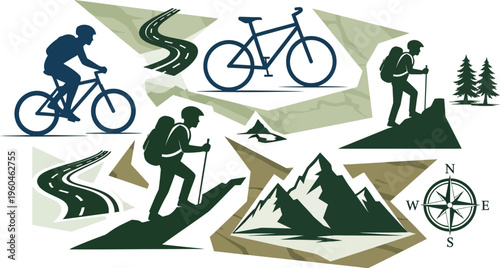 Collection of stylized outdoor adventure icons featuring cycling hiking mountain climbing and navigation elements