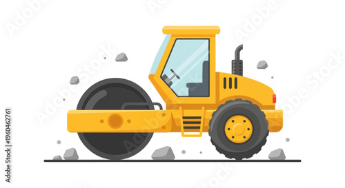 Vibrant Yellow Road Roller Compacts Construction Site With Stones