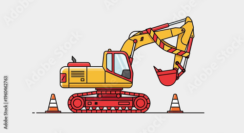 Vibrant Yellow Excavator Machine With Red Bucket And Traffic Cones