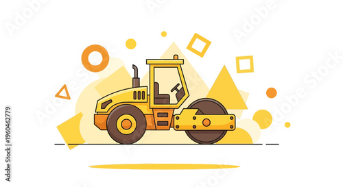 Vibrant Yellow Road Roller Construction Machine Graphic Art