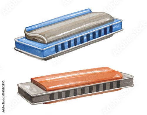 Watercolor blue and orange harmonica isolated on white background