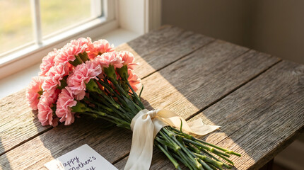 A beautiful bouquet of pink carnations tied with a ribbon, accompanied by a 'Happy Mother's Day' card, resting on a rustic wooden surface illuminated by sunlight