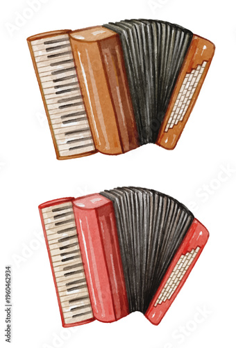 Hand painted watercolor red and brown accordion isolated