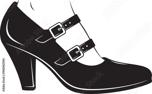 Black Mary Jane high heel shoe, women's fashion footwear, buckle strap, vector illustration, shoe design element