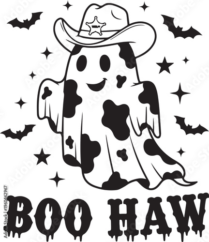 Halloween cowboy ghost, spooky cow print costume, boo haw vector, black and white illustration