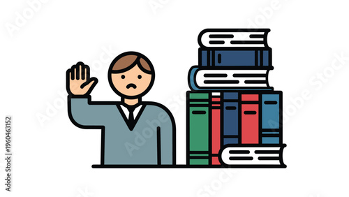 Person taking oath or pledge next to books. Law, education, testimony, knowledge, and learning concept vector illustration.