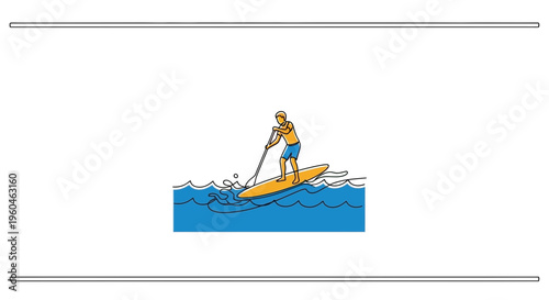 Vibrant illustration of an active person paddleboarding on blue waves, enjoying a refreshing water