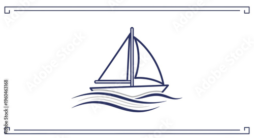 Elegant minimalist sailboat outline vector art navigating gentle stylized ocean waves