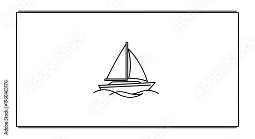 Minimalist line art illustration of a sailboat gracefully navigating calm water with elegant border
