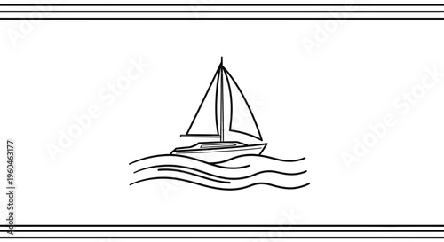Stylized monochrome illustration of a sailboat gracefully gliding over abstract ocean waves