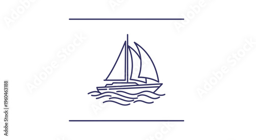 Clean graphic outline of a classic sailing vessel floating on calm wavy water vector art