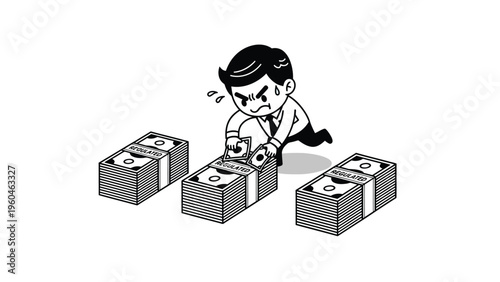 Business finance: Man cutting money stacks with scissors, symbolizing budget cuts & expense reduction.