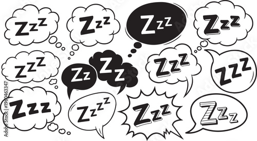 Sleepy speech bubbles, zzz icons, dream clouds, black and white vector graphics