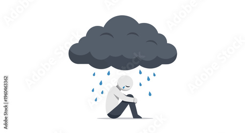 Sad Person Under Dark Rain Cloud, Depression and Loneliness Concept