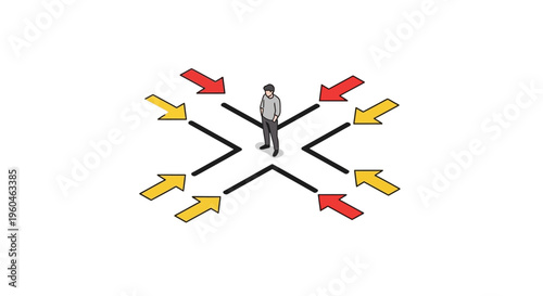 Person in center of crossroad with arrows pointing from all directions