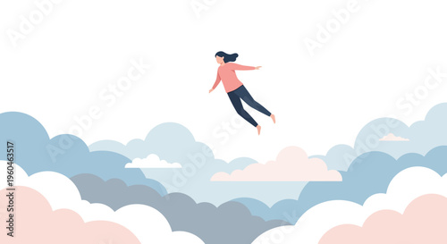 Woman floating in sky above clouds, freedom and dreams concept