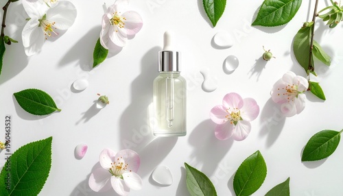 Anti-acne serum with pipette, flat protected view, white background without seams.