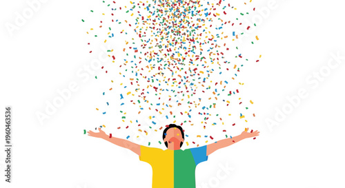 Person celebrating with confetti falling, arms wide open, joy and success