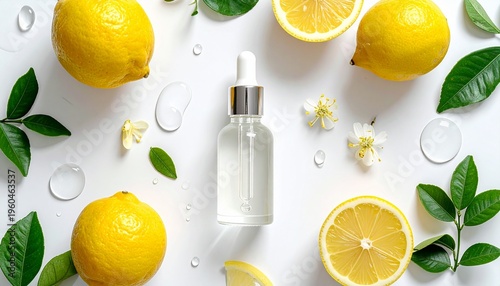 Anti-acne serum with pipette, flat protected view, white background without seams.