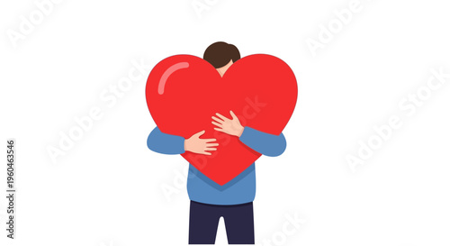 Person Hugging Giant Red Heart Symbol - Love, Care, and Affection Concept