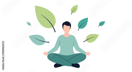 Man meditating surrounded by green leaves, representing nature and calm