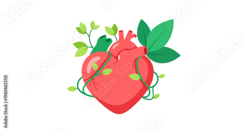 Healthy Heart with Green Leaves and Vines