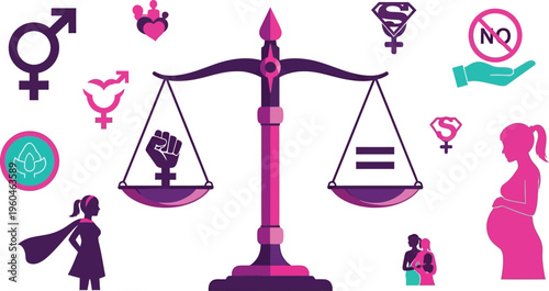 An empowering graphic illustrating various symbols of gender equality, women's rights, and feminist movements balanced on a symbolic scale.
