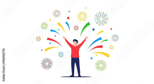 Man celebrating with colorful fireworks and confetti, joy and success concept