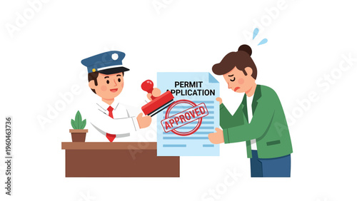 Government official stamps 'APPROVED' on a permit application for a hopeful applicant. Administrative success and bureaucratic process concept.