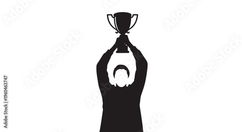 Silhouette of person holding up a trophy, celebrating victory, achievement, success