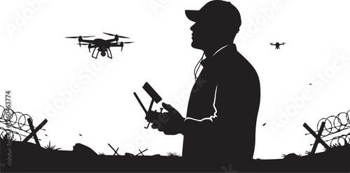 Drone pilot silhouette, remote control in hand, flying drones over restricted area, black and white vector