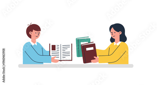 Two people exchanging books, learning, education, sharing knowledge concept