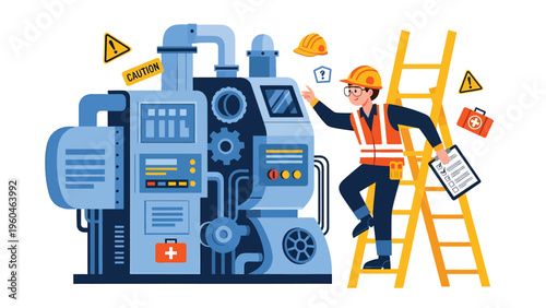 Factory worker in safety vest and hard hat on ladder, inspecting industrial machine. Workplace safety, maintenance, and engineering illustration.