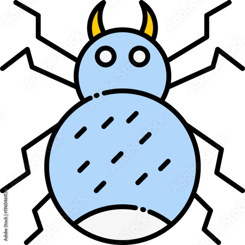 Vector illustration of a light blue cartoon spider with yellow horns and black segmented legs, simple and modern design, suitable for various projects