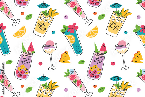 Bright summer drinks seamless pattern with cocktails, smoothies and mocktails. Watermelon, strawberry, tropical mango beverages, lemonades, ice cream, drink decor, flat cartoon vector illustration