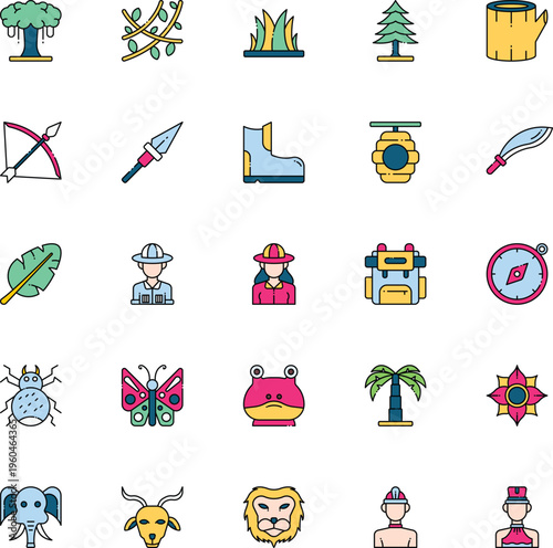 Colorful flat vector icons depicting nature, wildlife, adventure gear, and explorers, ideal for safari, jungle, and outdoor-themed digital projects