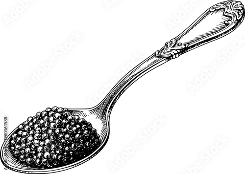 Detailed black and white of a vintage silver spoon filled with black caviar a white background