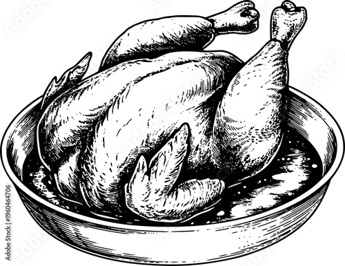 Detailed Ink of a Whole Roasted Chicken in a Serving Dish with Gravy food vintage