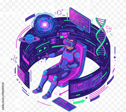 Man immersed in virtual reality, exploring futuristic digital world with advanced technology and holographic interfaces