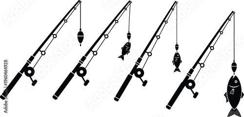 Fishing rod and fish icon set with various catch stages, silhouette illustration of angling equipment for sport fishing, outdoor recreation, and marine activity design