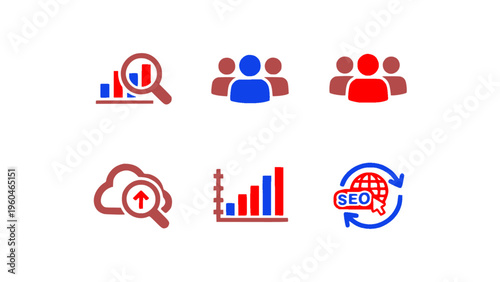 Icons for teamwork, data, and business growth concepts.