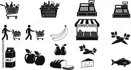 Black and white grocery shopping icon set featuring supermarket cart, farmers market stall, fresh fruit, vegetables, milk, bread, fish, cheese and cash register icons
