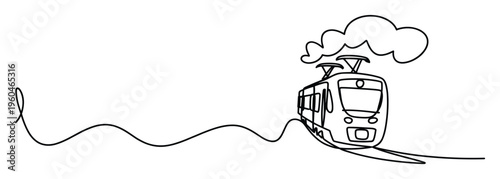 Continuous line drawing of a modern public transport tram running on wavy tracks with a steam cloud above, ideal for travel and journey themed projects