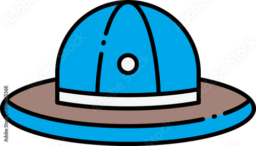 Vibrant blue safari hat illustration with a wide brown brim and white band, symbolizing adventure, travel, and exploration in a simple, flat design style