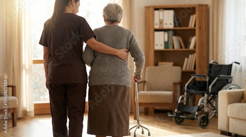 Rear view of compassionate home health aide supporting senior woman with mobility issues